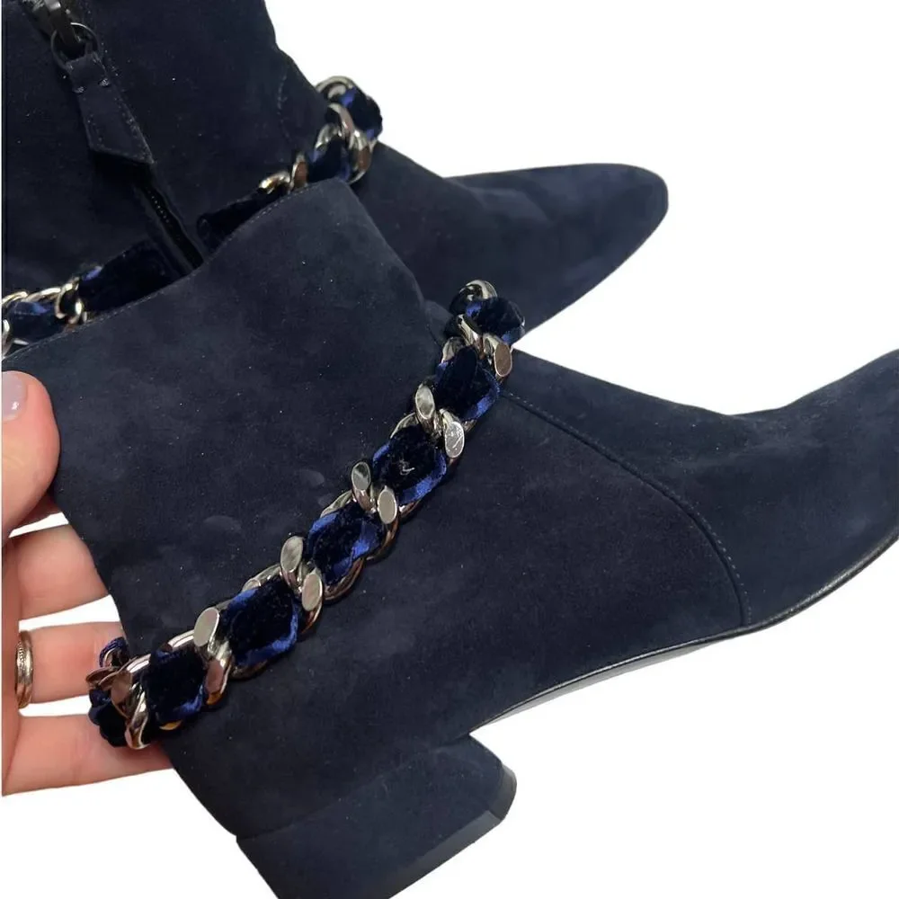 Casadei Dark Navy Suede Ankle Boots with Chain Sz. 36.5 (US 6.5)